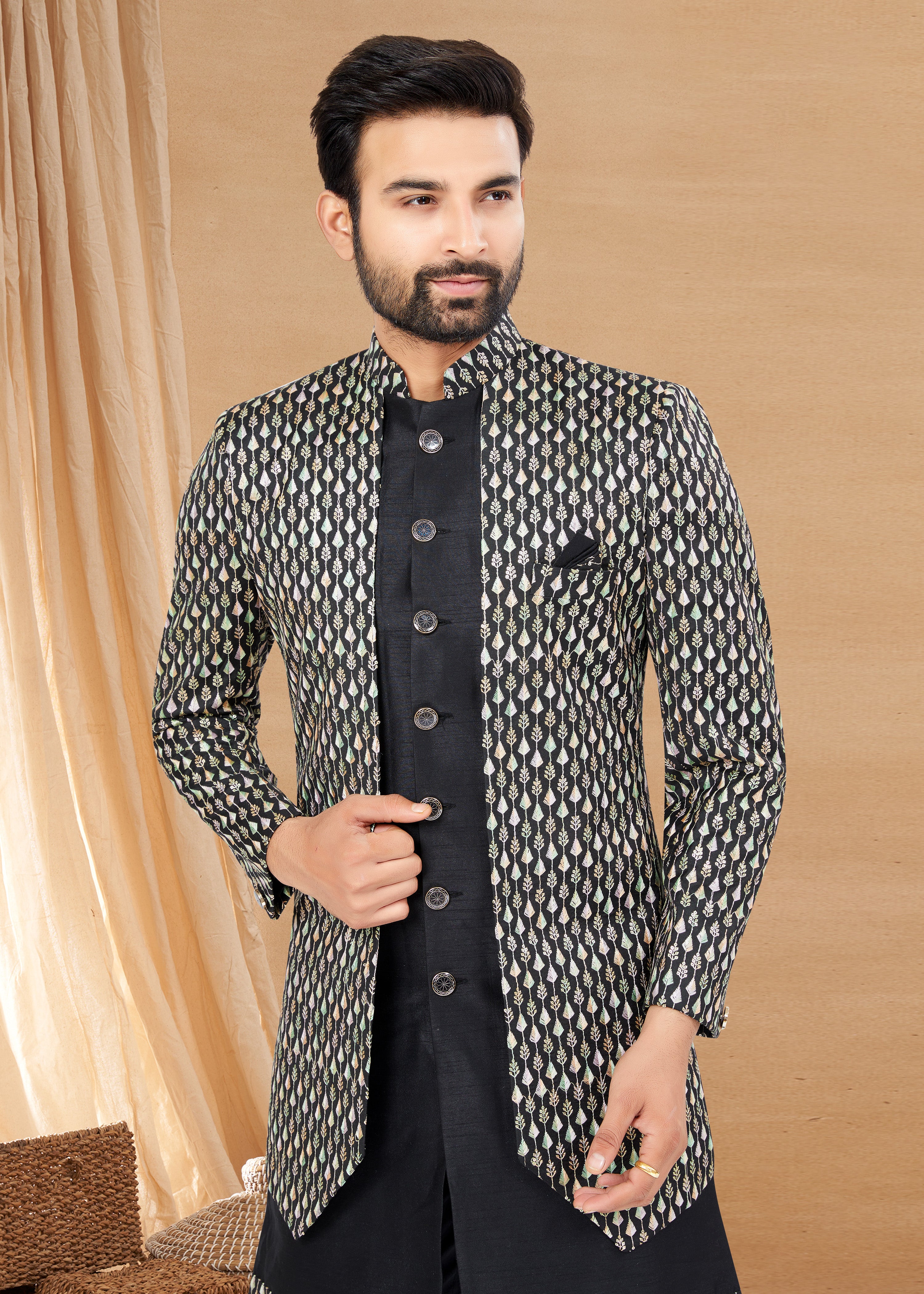 Exclusive Contrasting black Thread and Detailed Embroidery Work Indo Western, Sherwani | Indian Traditional Mens Wear