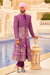 Exclusive latest Purple designer mens indowestern sherwani kurta in pure pv silk and foil print with handwork