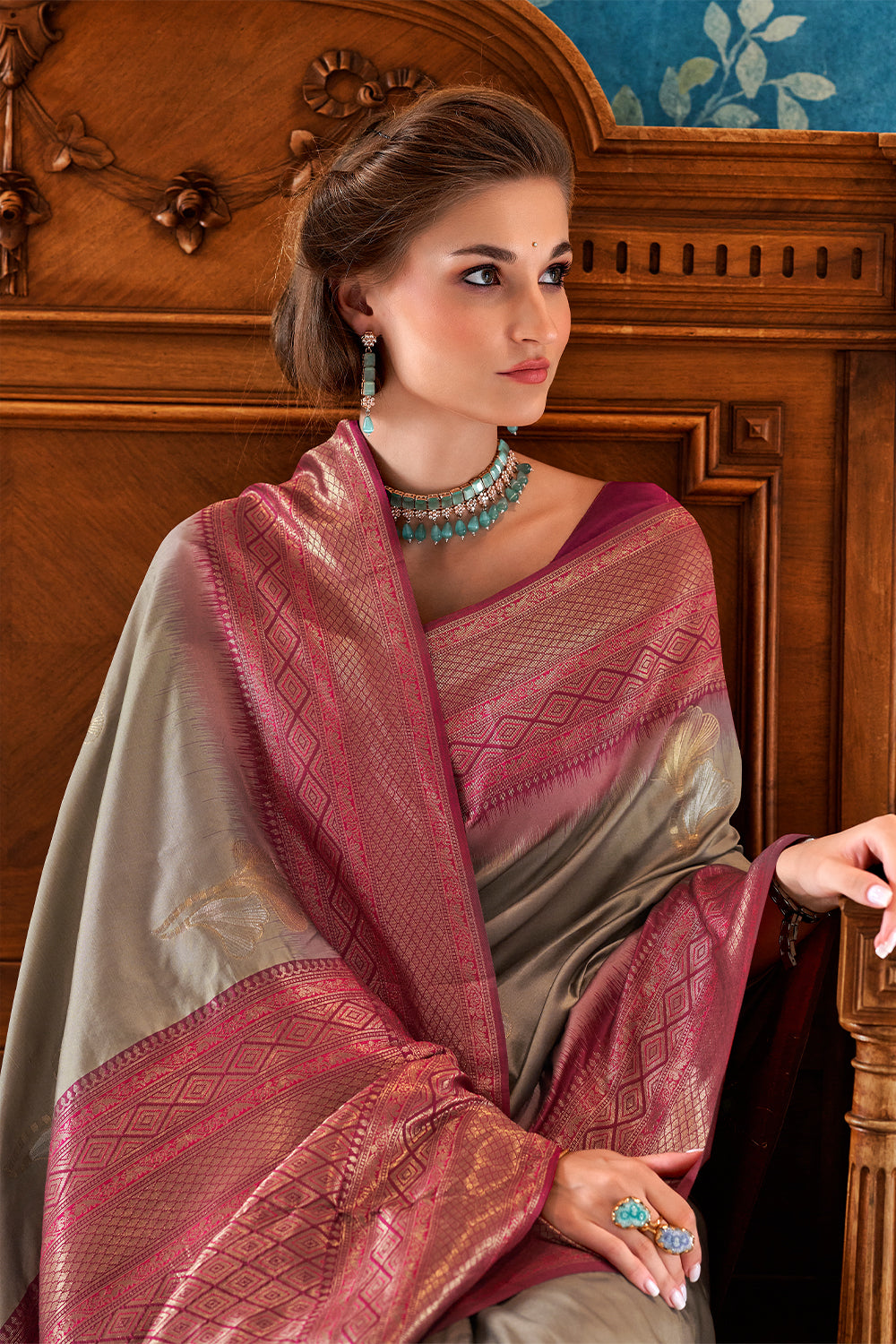 Designer contrasting exclusive woven silk saree with pure weaving silk, zari woven butta and contrast border pallu