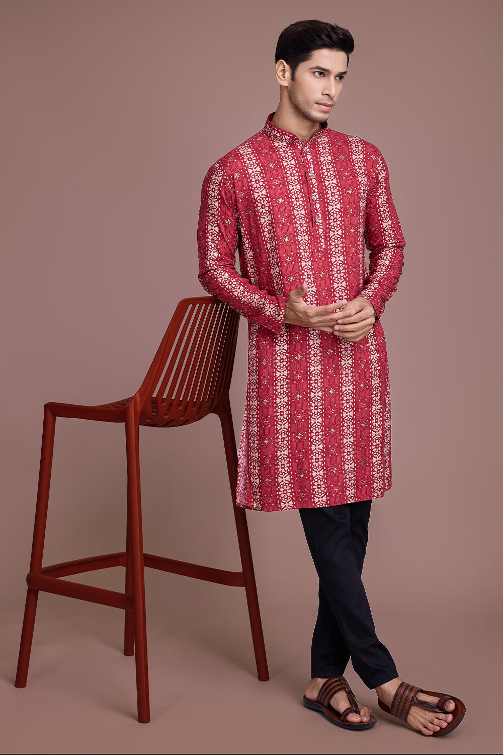 Red Contrasting indian aspiring Printed rayon Mens kurta for wedding and other occasion comes with pajama