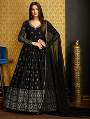 Exclusive Designer Black Gown on georgette with detailed metallic foil work and handwork on neck