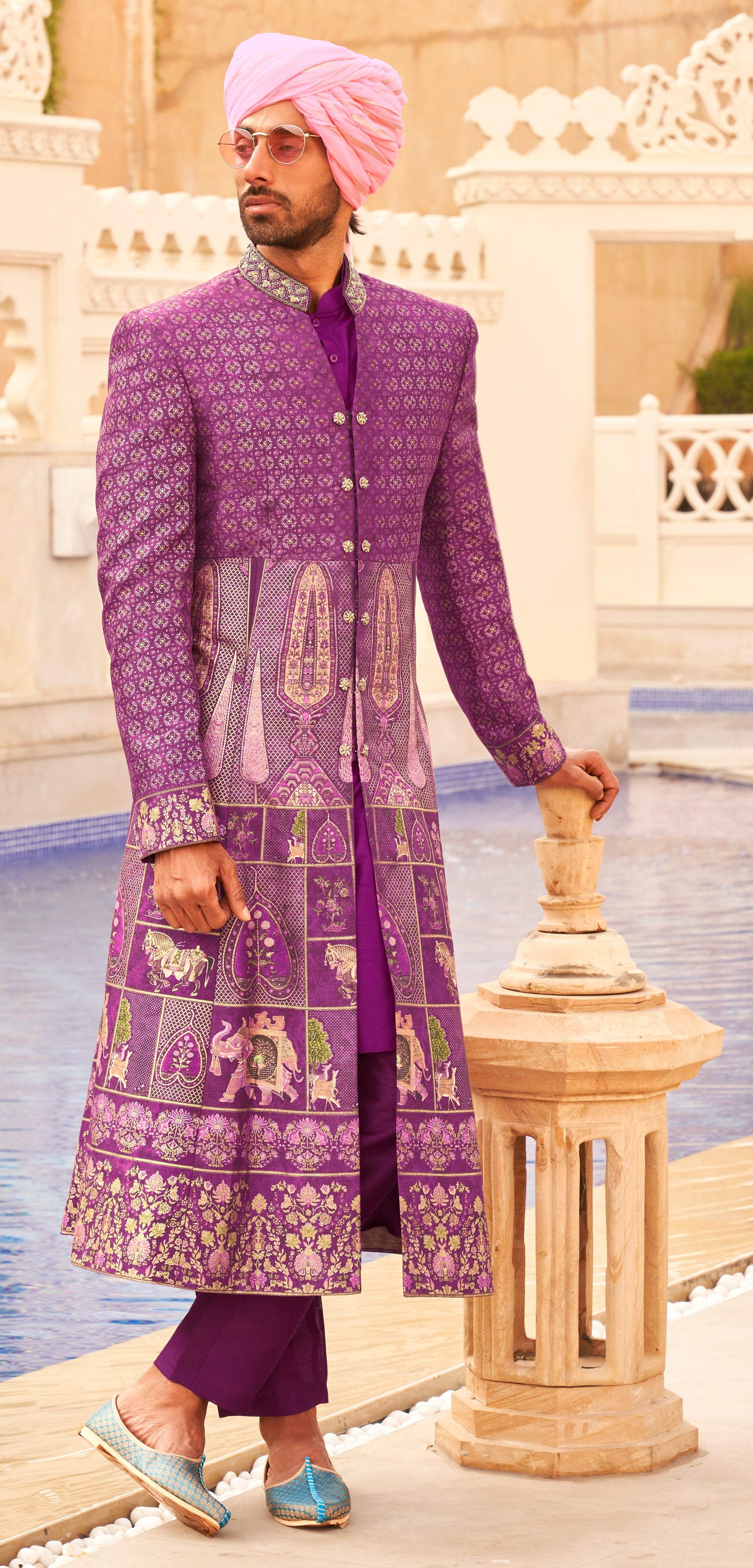 Exclusively for couple combo Purple designer outfit in pure pv silk and foil print with detailed hand mirror work