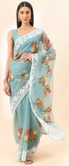 Latest light Blue shaded organza saree with detailed embroidery and floral inspired design saree for all occasion