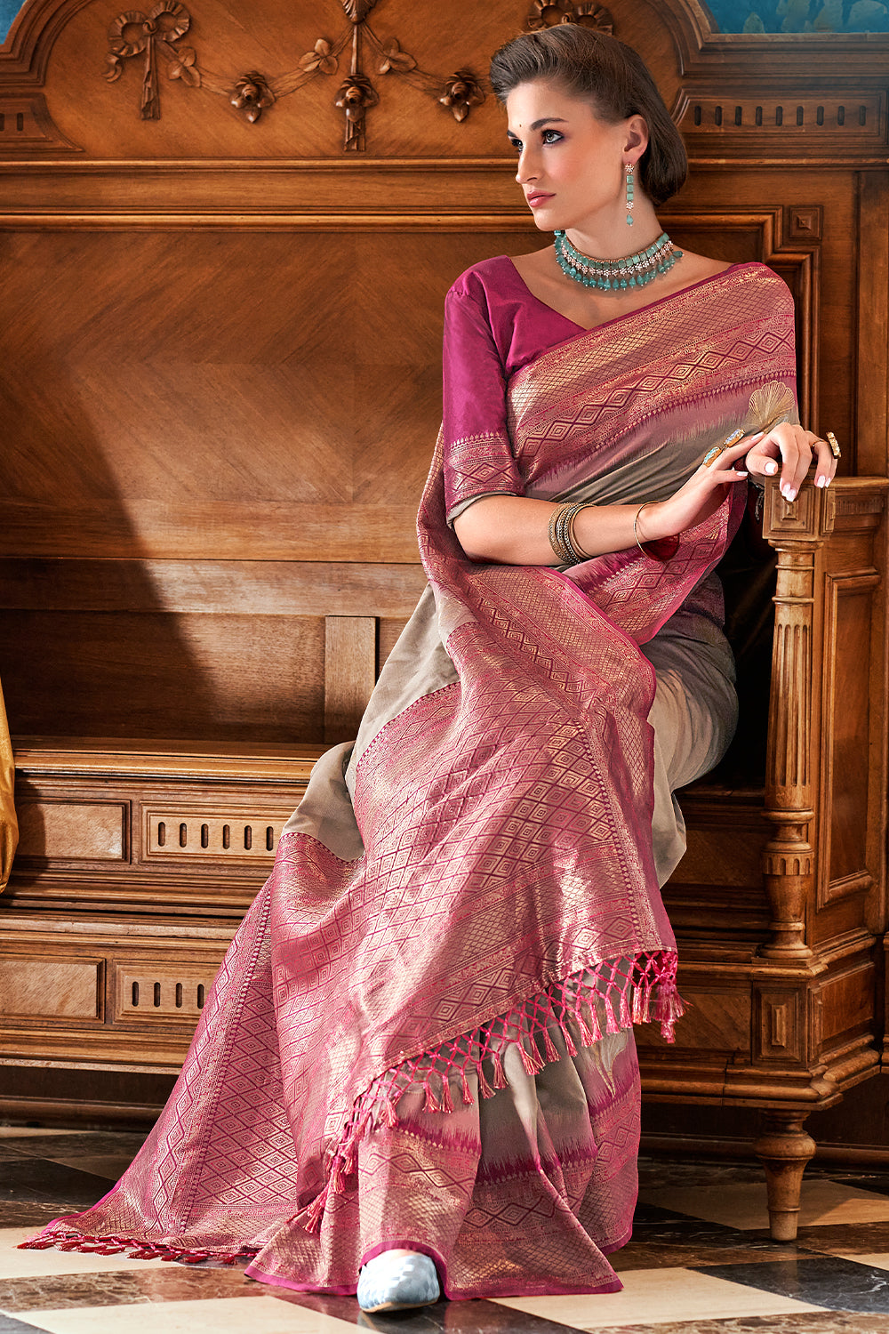 Designer contrasting exclusive woven silk saree with pure weaving silk, zari woven butta and contrast border pallu