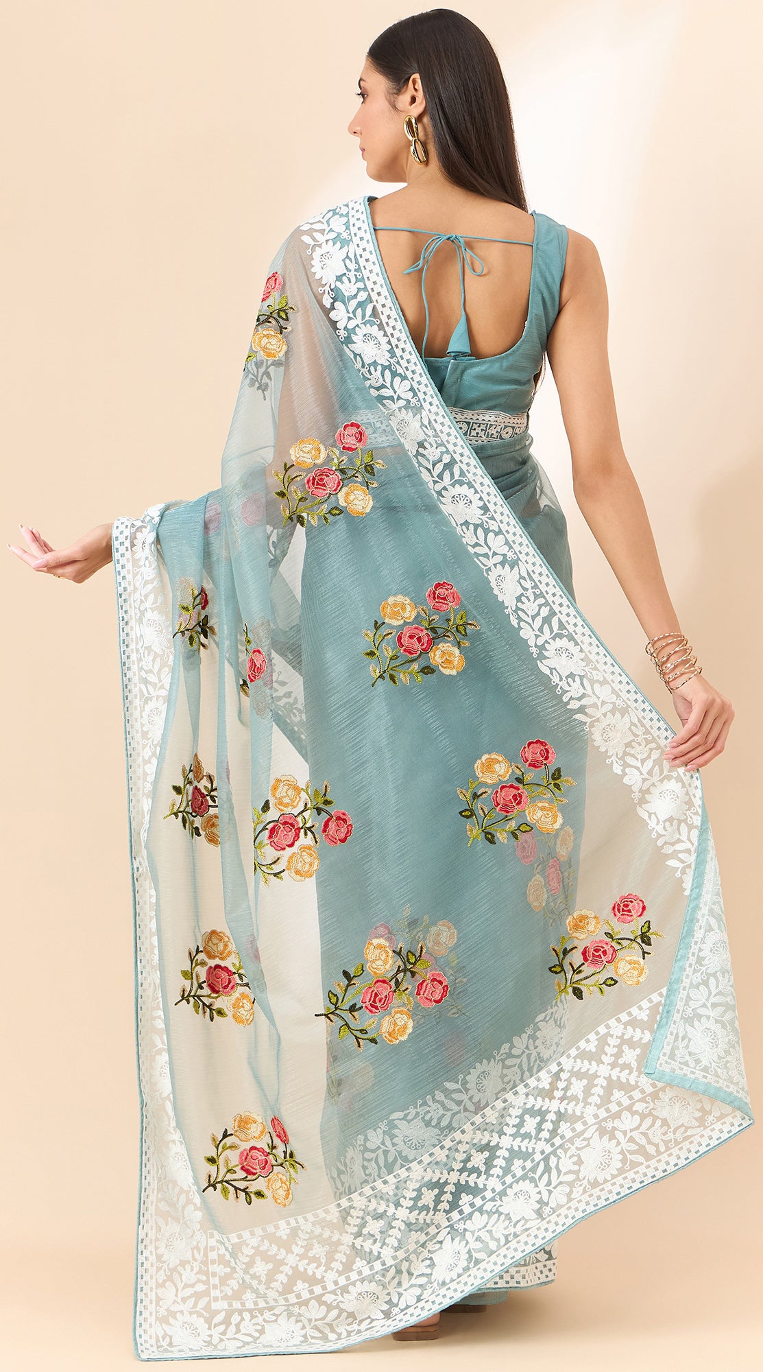 Latest light Blue shaded organza saree with detailed embroidery and floral inspired design saree for all occasion