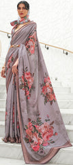 Gray Floral Inspired Digital Printed Kalamkari Saree On pure silk crape