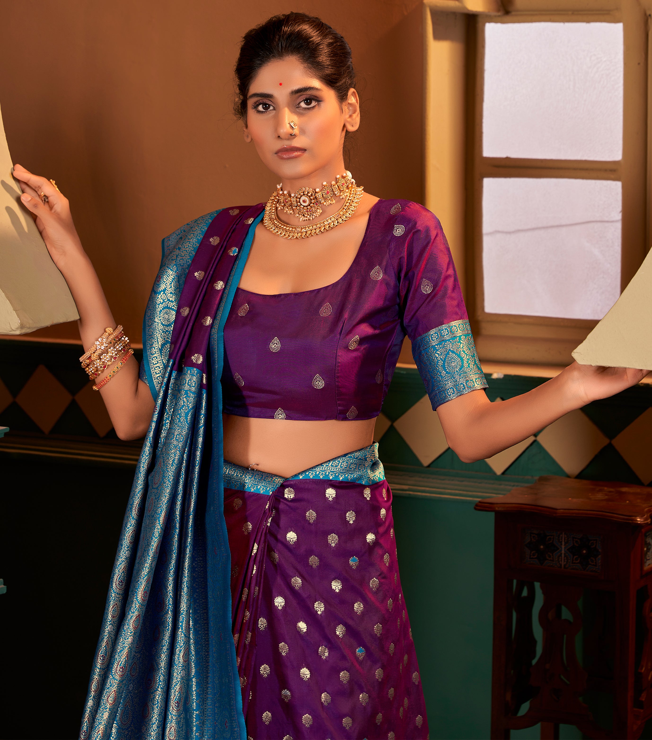 Contrasting dark shaded Purple Banarasi soft silk saree with detailed banarasi inspired work