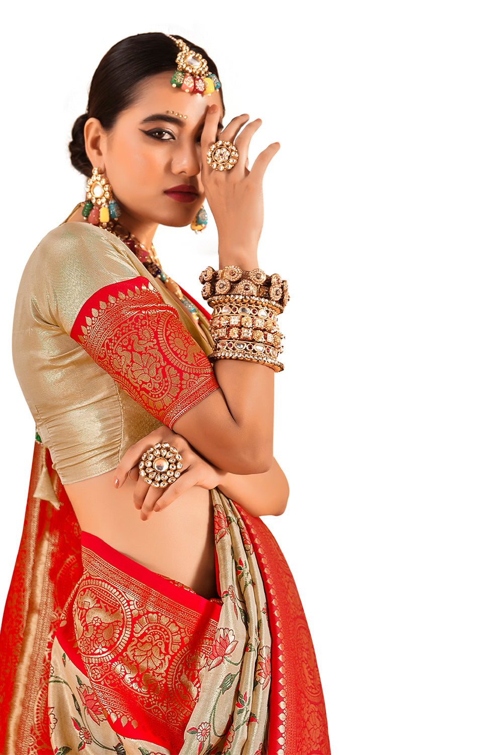 South Indian Orange & Cream Contrast Pure Dharmavaram Silk Designer Saree