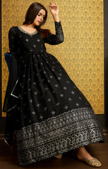 Exclusive Designer Black Gown on georgette with detailed metallic foil work and handwork on neck