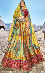 Pure gazzi satin banarasi lehenga with detailed indian aspired print handwork