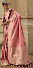 Exclusive pink shaded designer pure satin handloom weaving saree | weaved saree