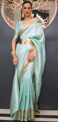 Premium Light blue Soft Silk saree with Golden border and detailed Weaving | Celebrities Saree | Premium Saree