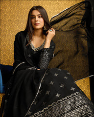 Exclusive Designer Black Gown on georgette with detailed metallic foil work and handwork on neck