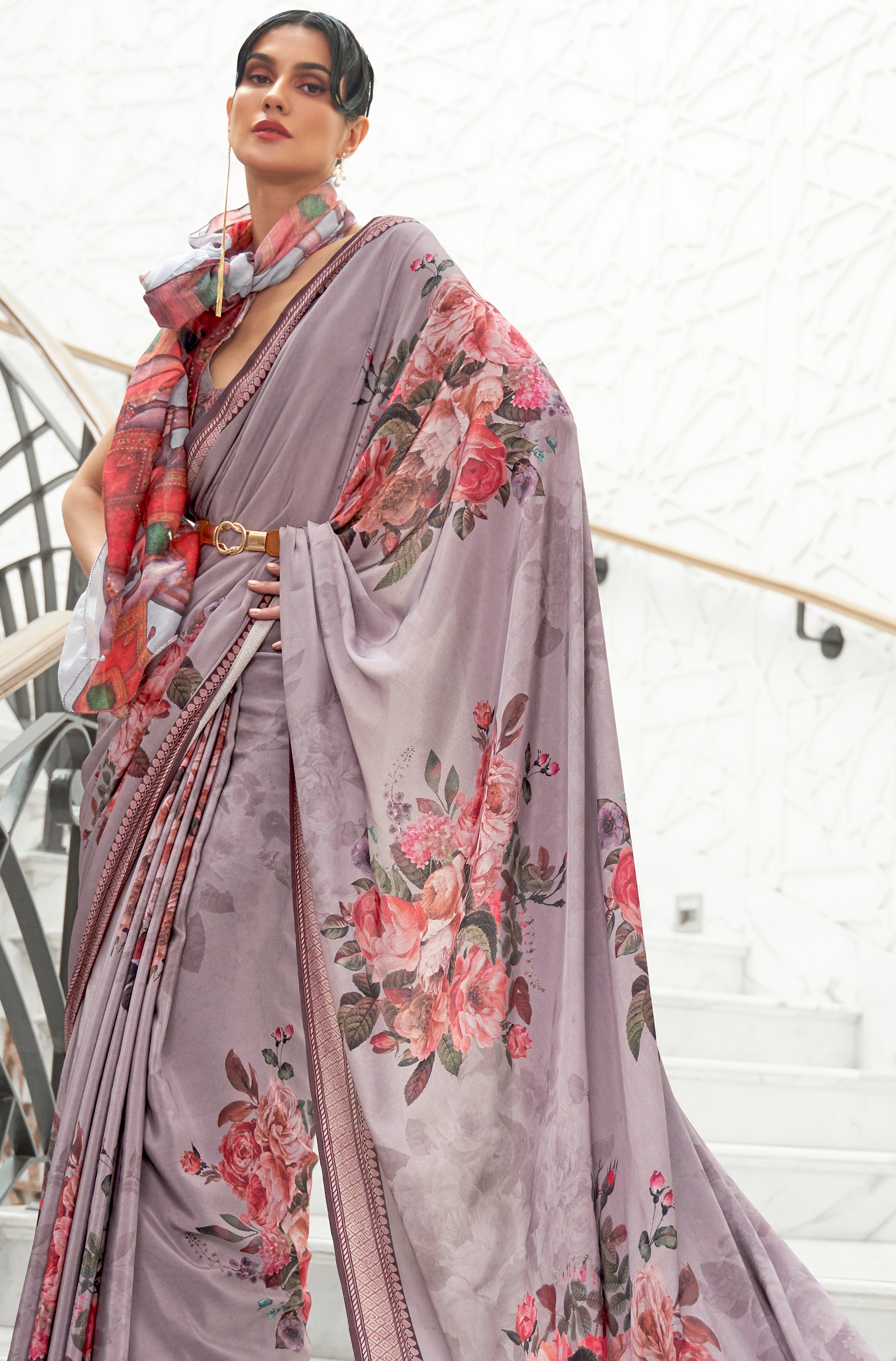 Gray Floral Inspired Digital Printed Kalamkari Saree On pure silk crape