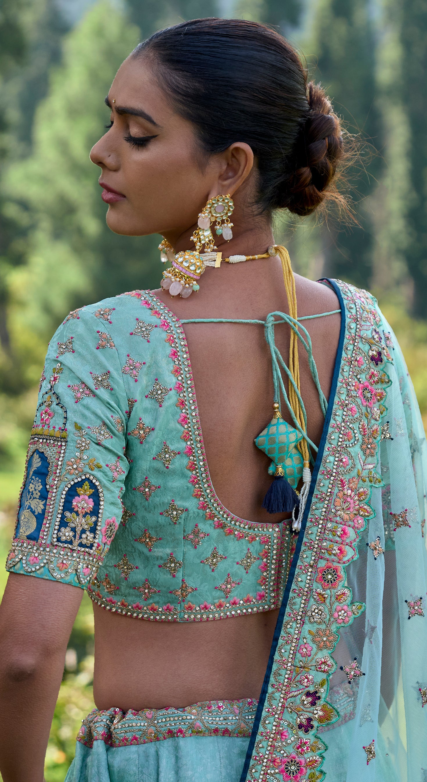 Contrasting Designer light blue lehenga on viscose with Zari, Hand, Thread, embroidery detailed work indian aspired work