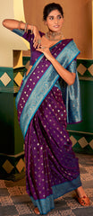 Contrasting dark shaded Purple Banarasi soft silk saree with detailed banarasi inspired work