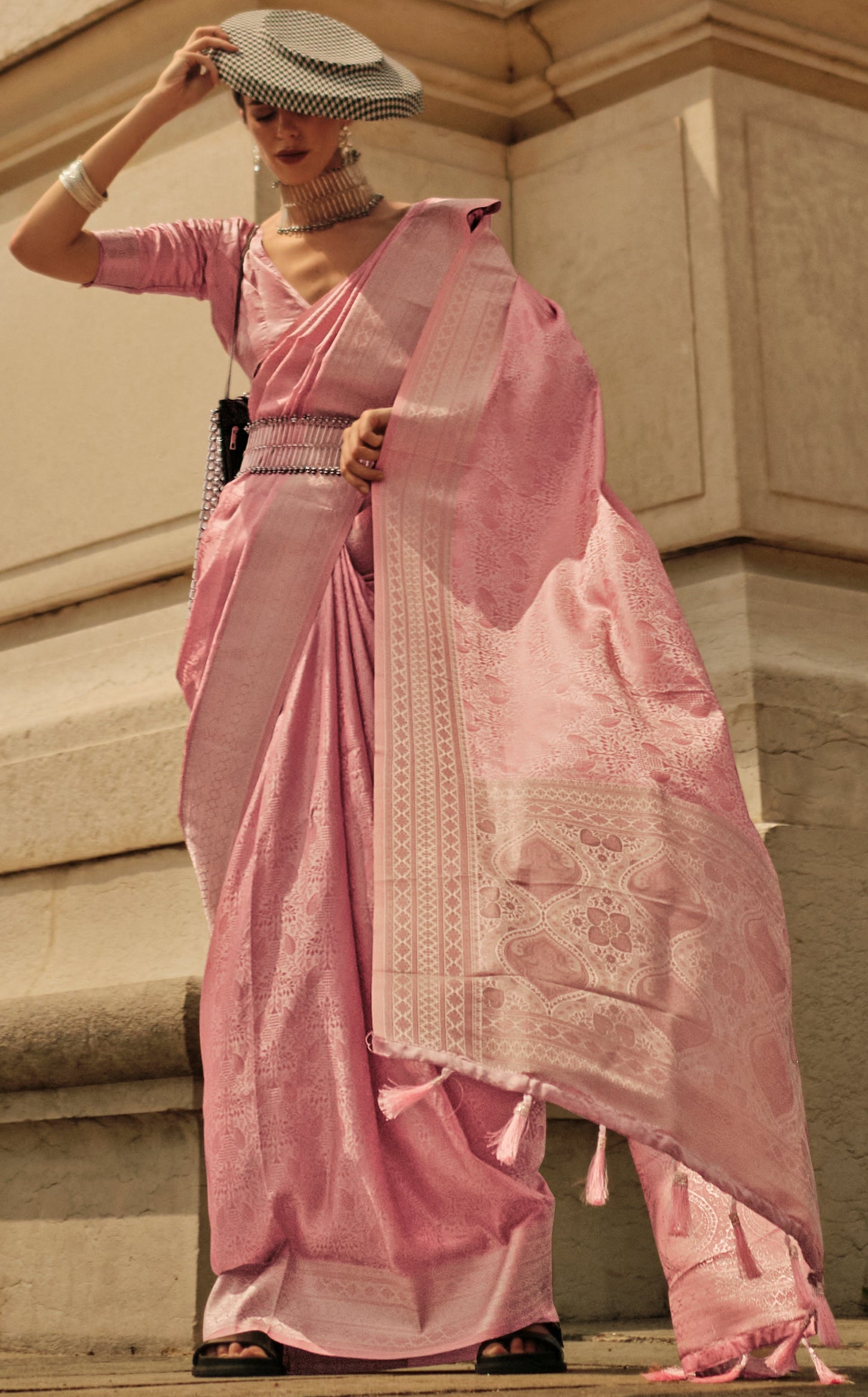 Exclusive pink shaded designer pure satin handloom weaving saree | weaved saree