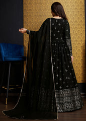 Exclusive Designer Black Gown on georgette with detailed metallic foil work and handwork on neck