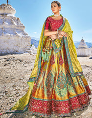 Pure gazzi satin banarasi lehenga with detailed indian aspired print handwork