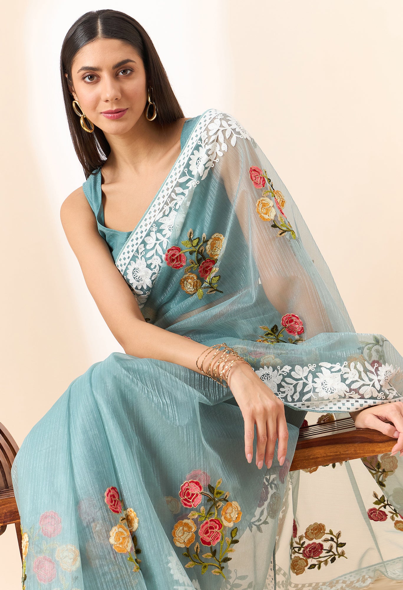 Latest light Blue shaded organza saree with detailed embroidery and floral inspired design saree for all occasion