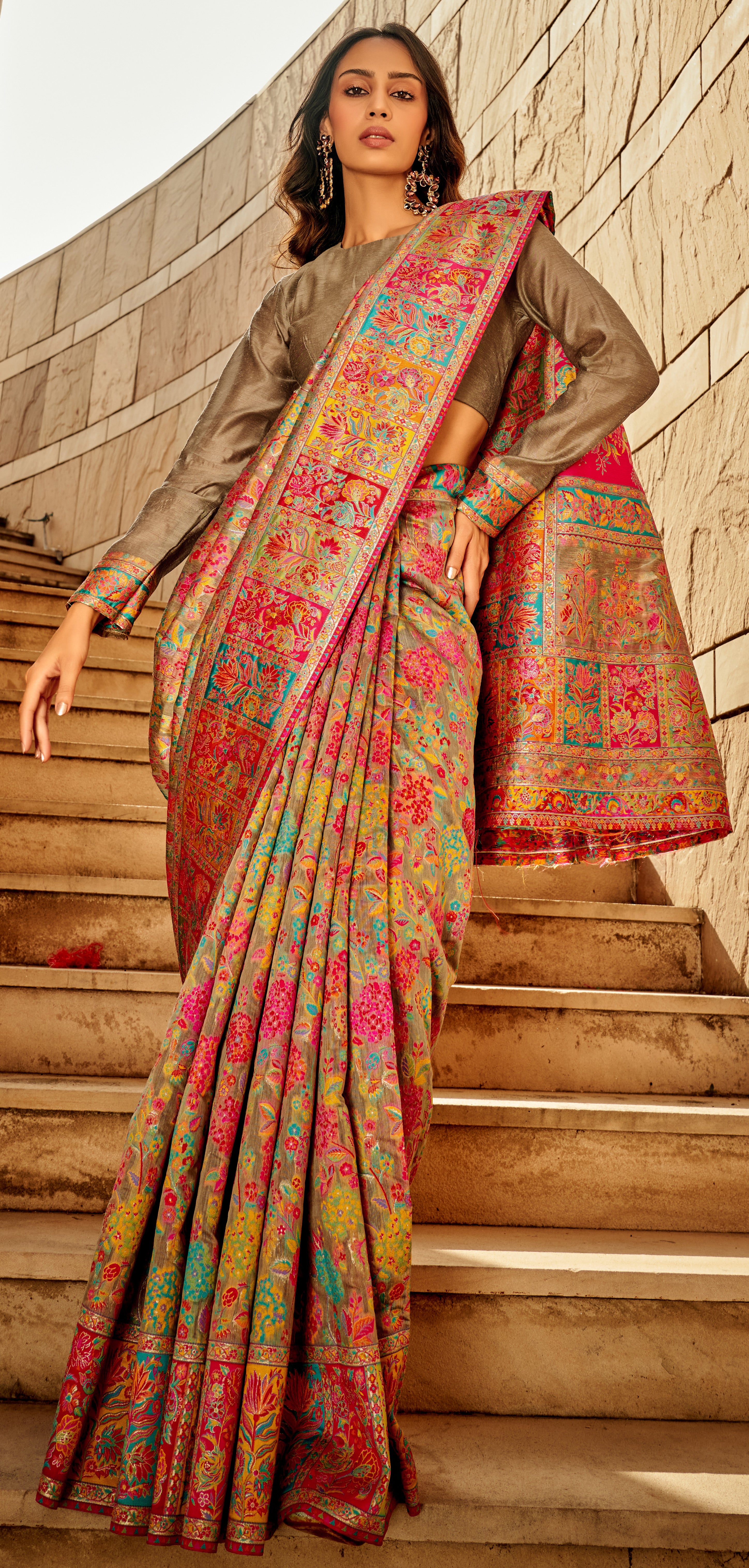 Kashmiri saree exclusive light shaded collection with detailed kashmiri inspired work on modal kashmiri fabric