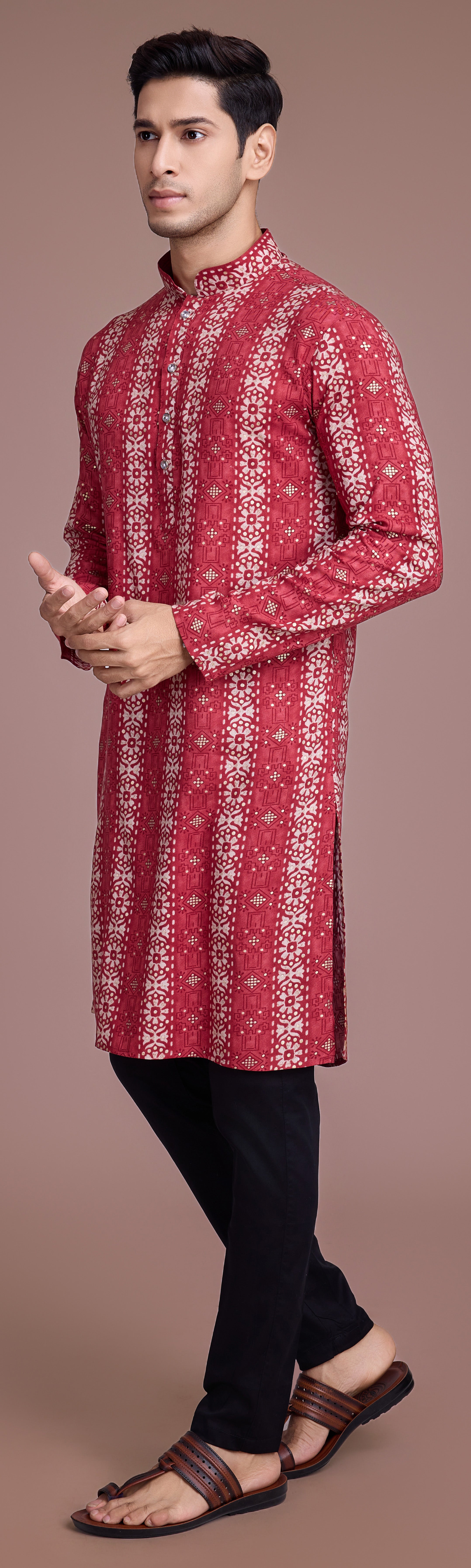 Red Contrasting indian aspiring Printed rayon Mens kurta for wedding and other occasion comes with pajama