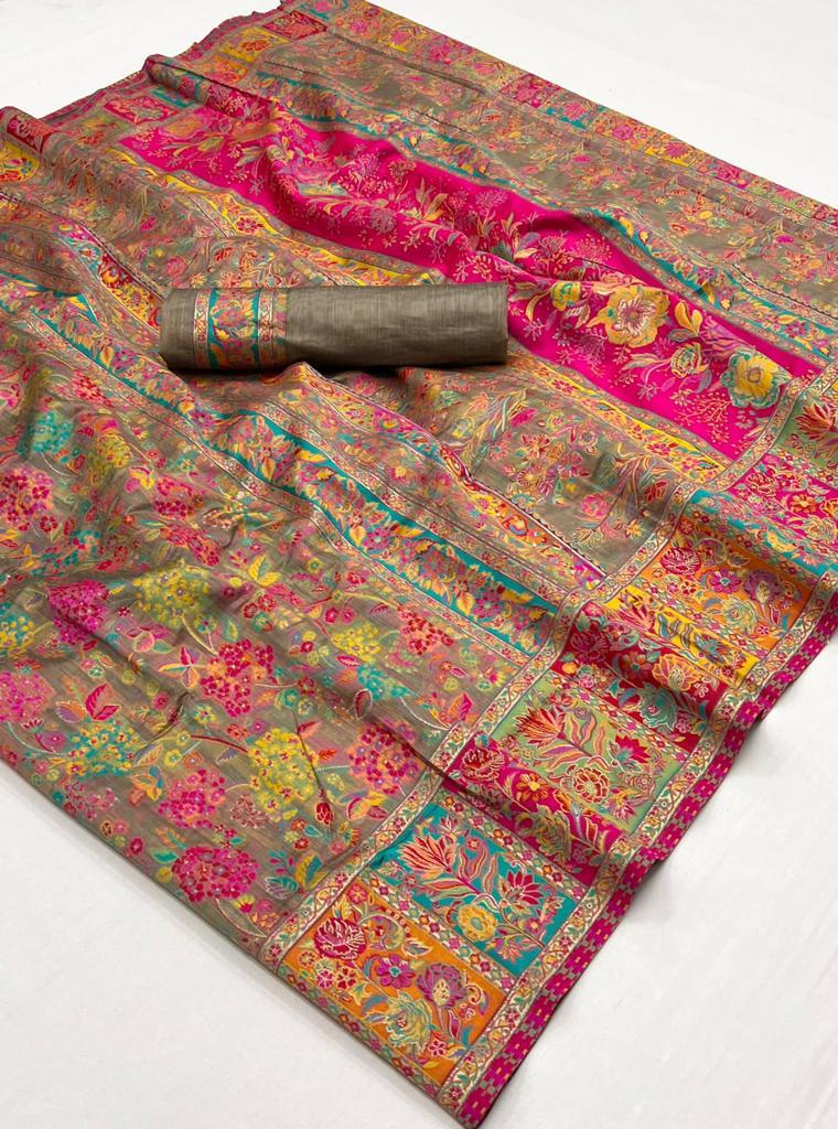 Kashmiri saree exclusive light shaded collection with detailed kashmiri inspired work on modal kashmiri fabric