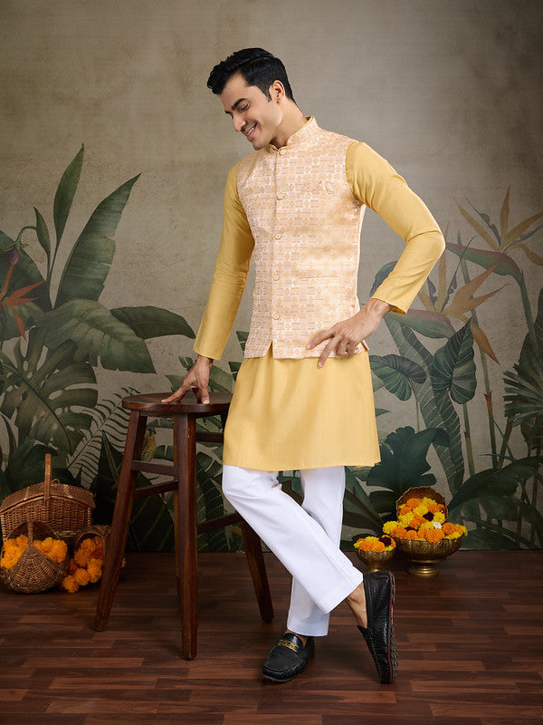 Yellow kurta set with Sequence Self Weaving Jacquard Design Koti Work