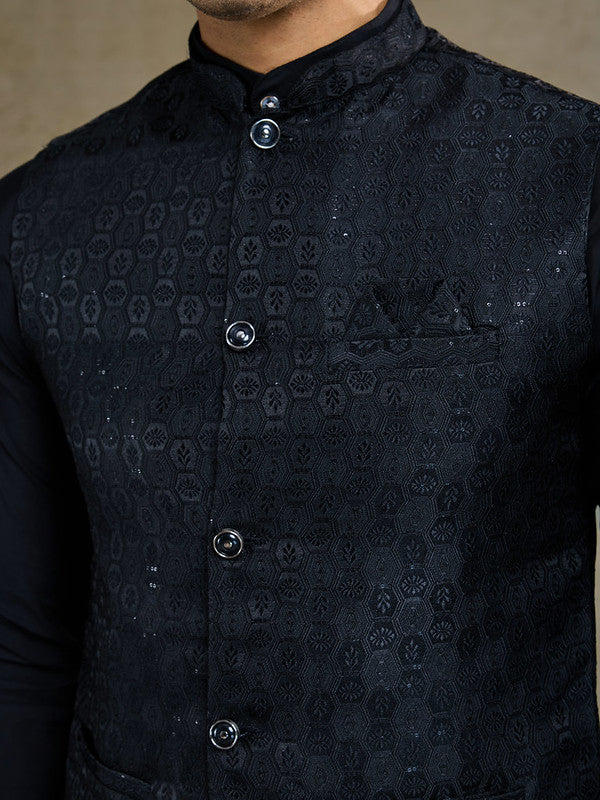 Black kurta set with Sequence Self Weaving Jacquard Design Koti Work