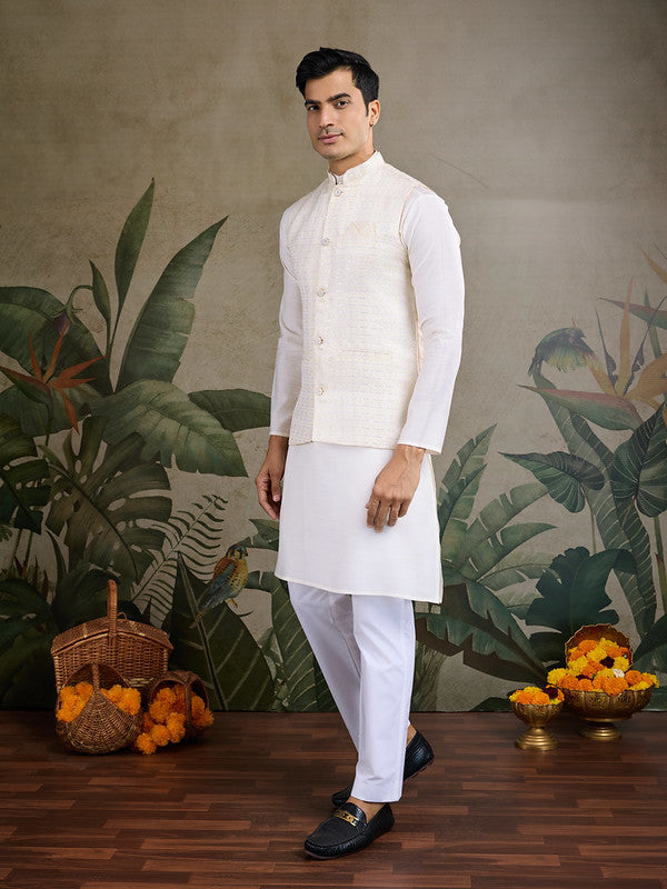 White kurta set with Sequence Self Weaving Jacquard Design Koti Work