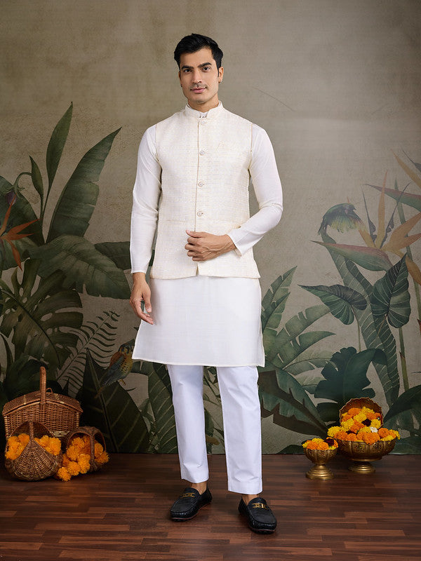White kurta set with Sequence Self Weaving Jacquard Design Koti Work
