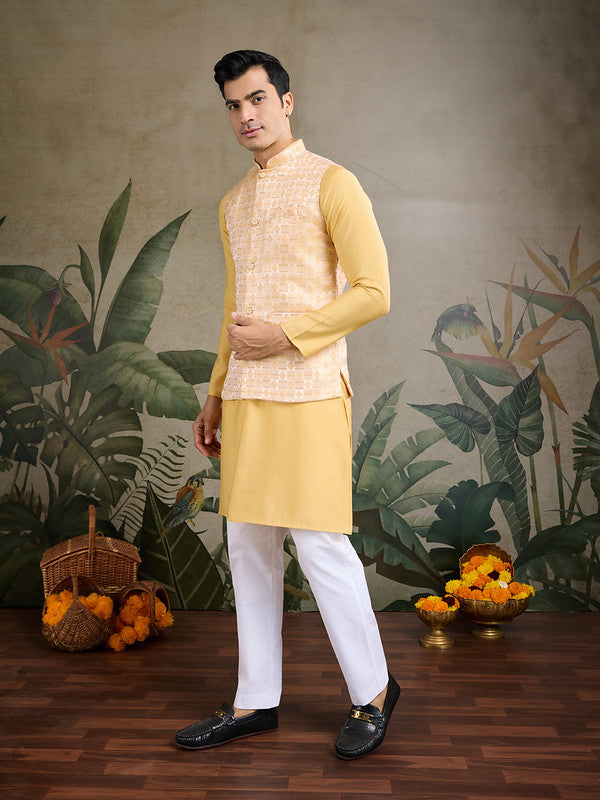 Yellow kurta set with Sequence Self Weaving Jacquard Design Koti Work