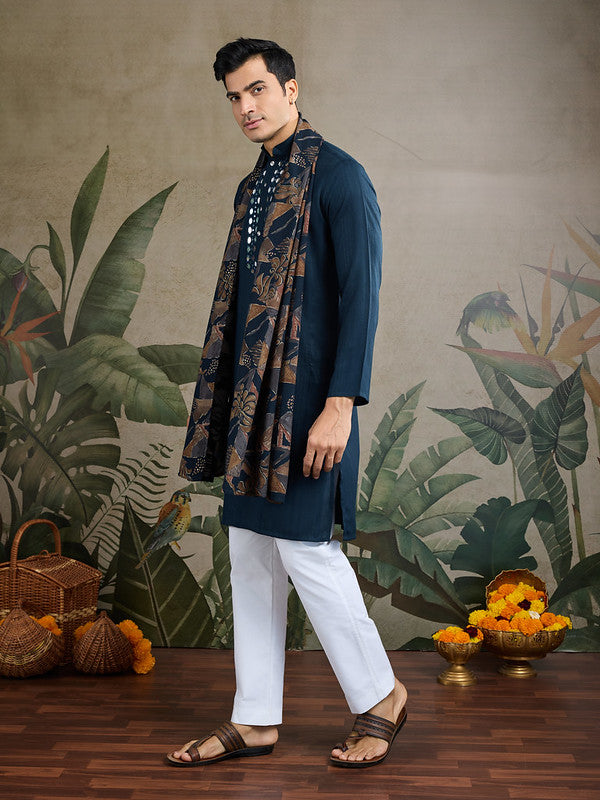 Elegant Peacock Green Kurta with Mirror Work and printed Dupatta