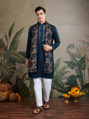 Elegant Peacock Green Kurta with Mirror Work and printed Dupatta