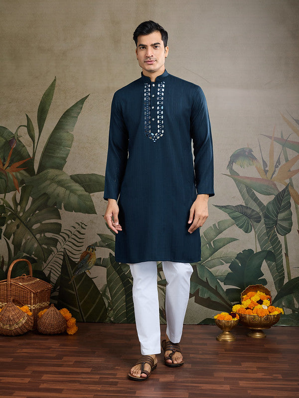 Elegant Peacock Green Kurta with Mirror Work and printed Dupatta