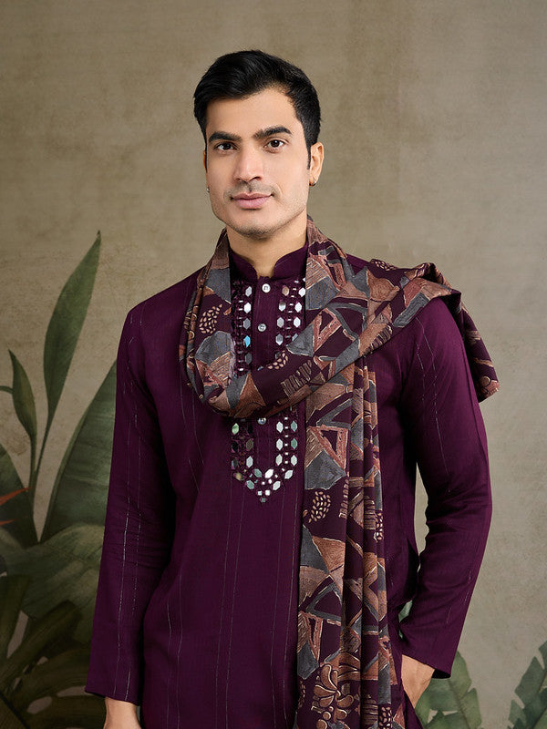 Royal Wine Kurta with Mirror Work and printed Dupatta