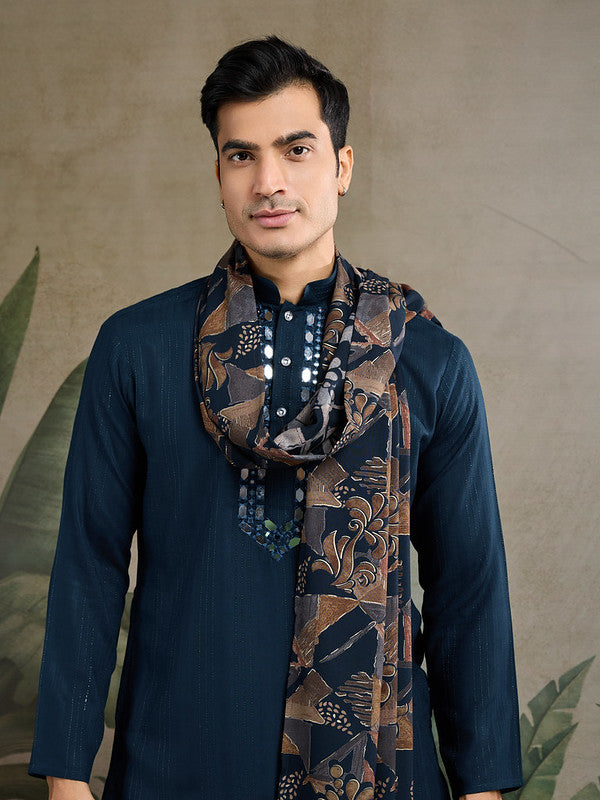 Elegant Peacock Green Kurta with Mirror Work and printed Dupatta