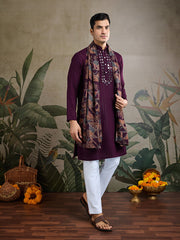 Royal Wine Kurta with Mirror Work and printed Dupatta