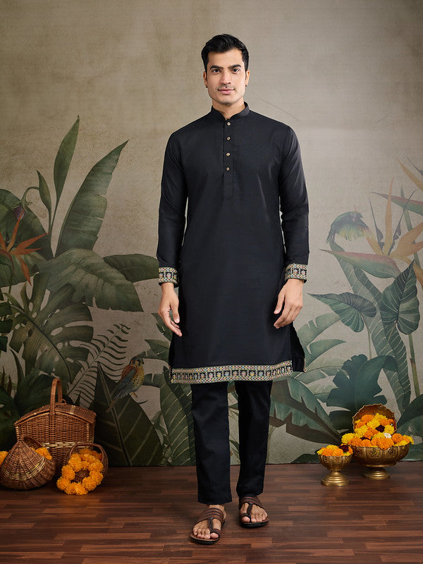 Black Jodhpuri Designer Kurta Set With Multi Coloured Thread Embroidery Work Jacket