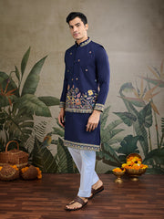Navy Blue Jodhpuri Designer Kurta Set With Multi Coloured Thread Embroidery Work Jacket