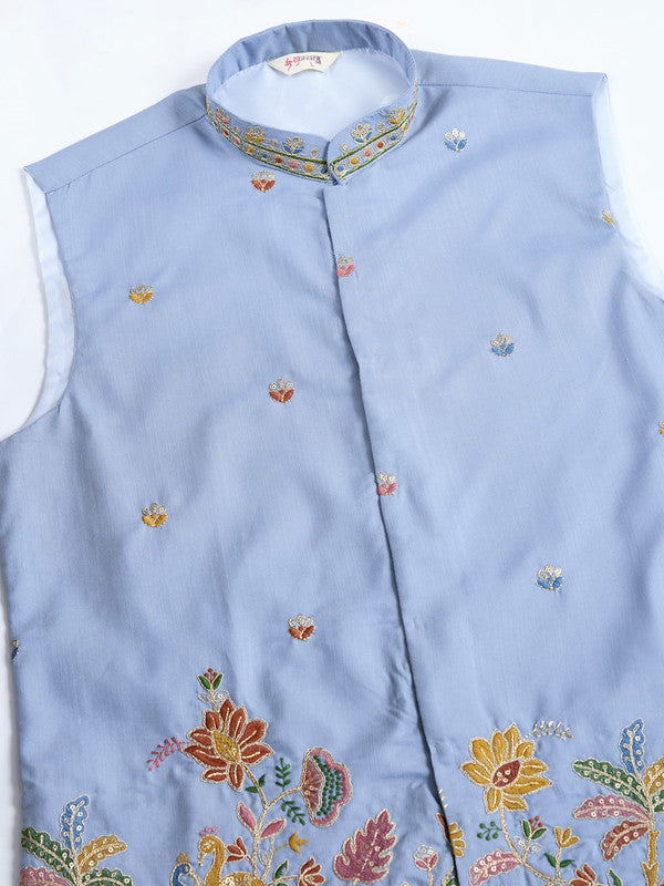 Pastel Blue Jodhpuri Designer Kurta Set With Multi Coloured Thread Embroidery Work Jacket