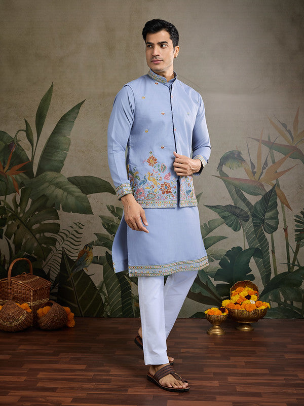 Pastel Blue Jodhpuri Designer Kurta Set With Multi Coloured Thread Embroidery Work Jacket