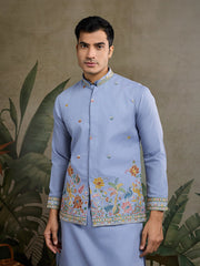 Pastel Blue Jodhpuri Designer Kurta Set With Multi Coloured Thread Embroidery Work Jacket