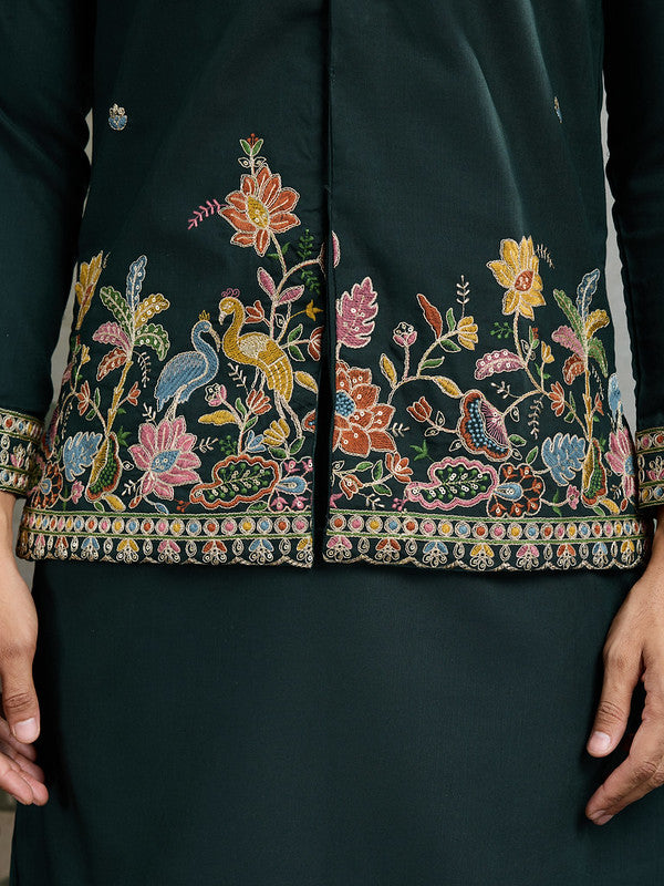 Dark Green Jodhpuri Designer Kurta Set With Multi Coloured Thread Embroidery Work Jacket