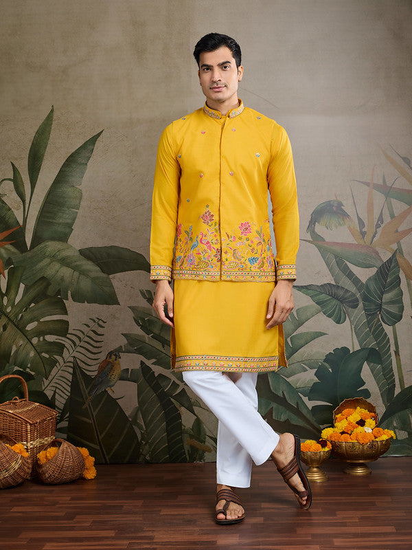 Dark Yellow Jodhpuri Designer Kurta Set With Multi Coloured Thread Embroidery Work Jacket