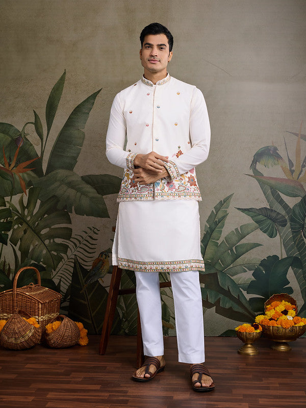 White Jodhpuri Designer Kurta Set With Multi Coloured Thread Embroidery Work Jacket