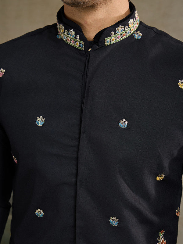 Black Jodhpuri Designer Kurta Set With Multi Coloured Thread Embroidery Work Jacket