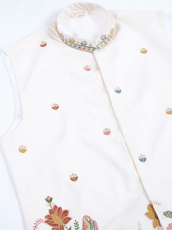White Jodhpuri Designer Kurta Set With Multi Coloured Thread Embroidery Work Jacket