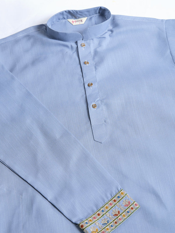 Pastel Blue Jodhpuri Designer Kurta Set With Multi Coloured Thread Embroidery Work Jacket