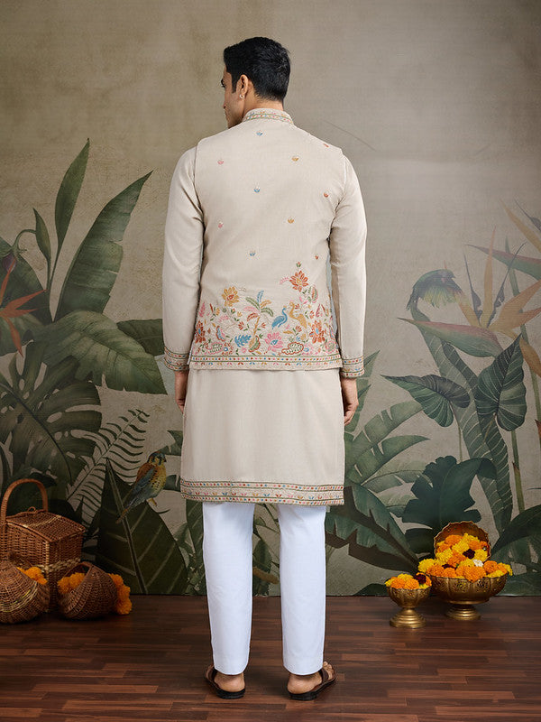Dusty Beige Jodhpuri Designer Kurta Set With Multi Coloured Thread Embroidery Work Jacket
